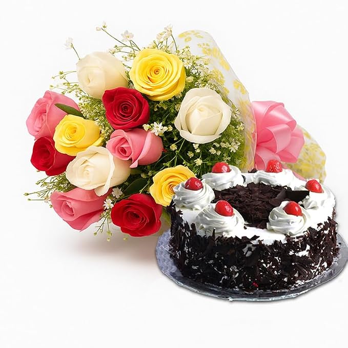 12 Mix Roses Hand Bouquet with Cake