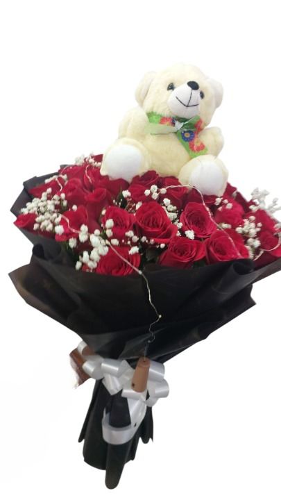 Premium Red Roses Bouquet with Teddy Bear